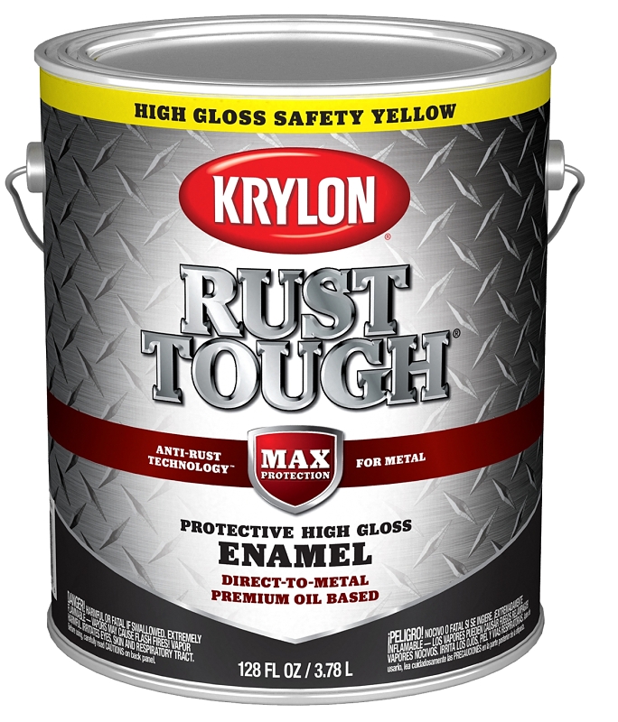Krylon Rust Tough K09736008 Rust Preventative Paint, Gloss, Safety Yellow/Sun, 1 gal, 400 sq-ft/gal Coverage Area