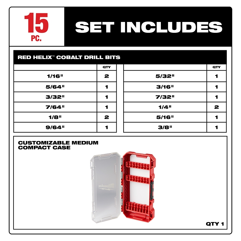 Milwaukee RED HELIX Series 48-89-2370 Drill Bit Set, 15-Piece, Steel
