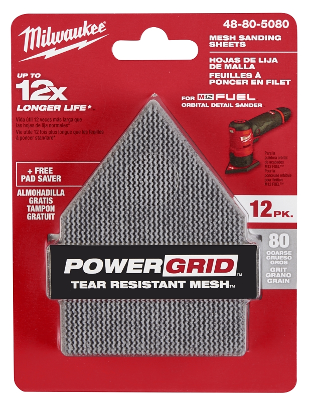 Milwaukee 48-80-5080 Mesh Sanding Sheet, 3-5/8 in W, 3-3/4 in L, 80 Grit, Coarse, Aluminum Oxide Abrasive
