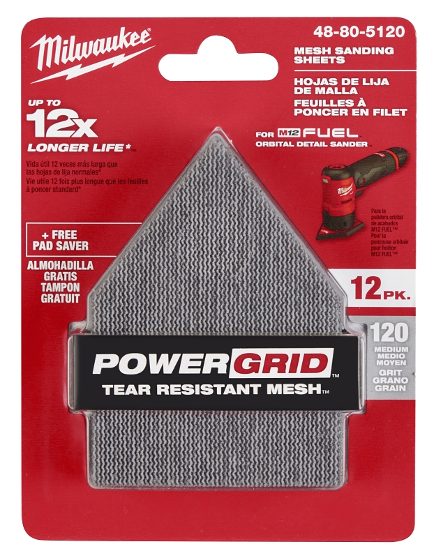 Milwaukee 48-80-5120 Mesh Sanding Sheet, 3-5/8 in W, 3-3/4 in L, 120 Grit, Medium, Aluminum Oxide Abrasive
