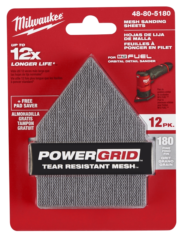Milwaukee 48-80-5180 Mesh Sanding Sheet, 3-5/8 in W, 3-3/4 in L, 180 Grit, Fine, Aluminum Oxide Abrasive