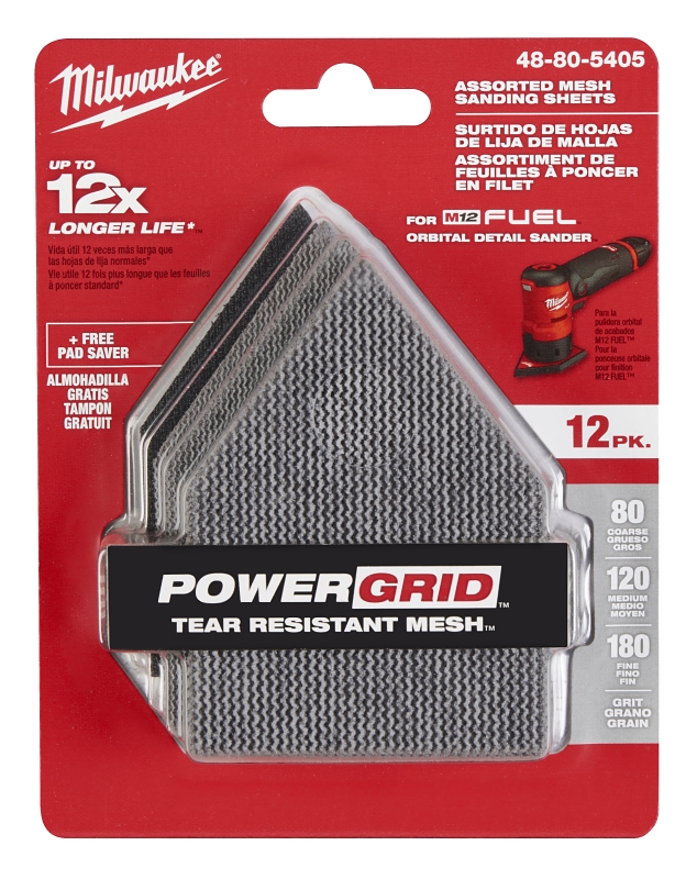Milwaukee 48-80-5405 Mesh Sanding Sheet, 3-5/8 in W, 3-3/4 in L, 80, 120, 180 Grit, Aluminum Oxide, Nylon Backing, 12/PK