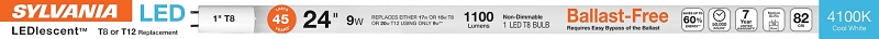 Sylvania 40486 LED Bulb, Linear, 9 W, T8 Lamp, Frosted, 4100 K Color Temp
