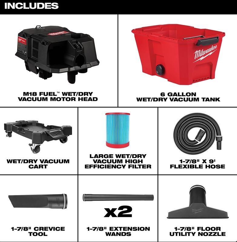 Milwaukee M18 FUEL 0910-20 Wet/Dry Vacuum, 6 gal Vacuum, 87 cfm Air, Cartridge Filter, 18 V