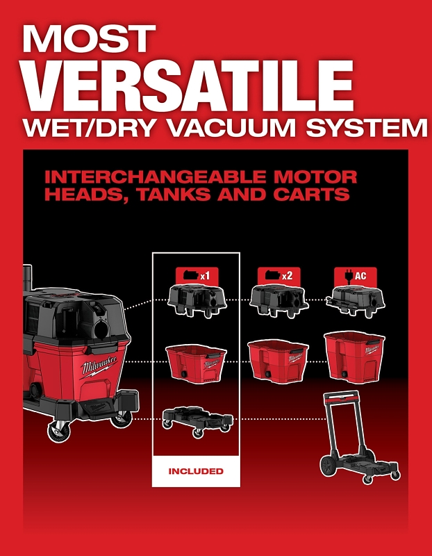 Milwaukee M18 FUEL 0910-20 Wet/Dry Vacuum, 6 gal Vacuum, 87 cfm Air, Cartridge Filter, 18 V
