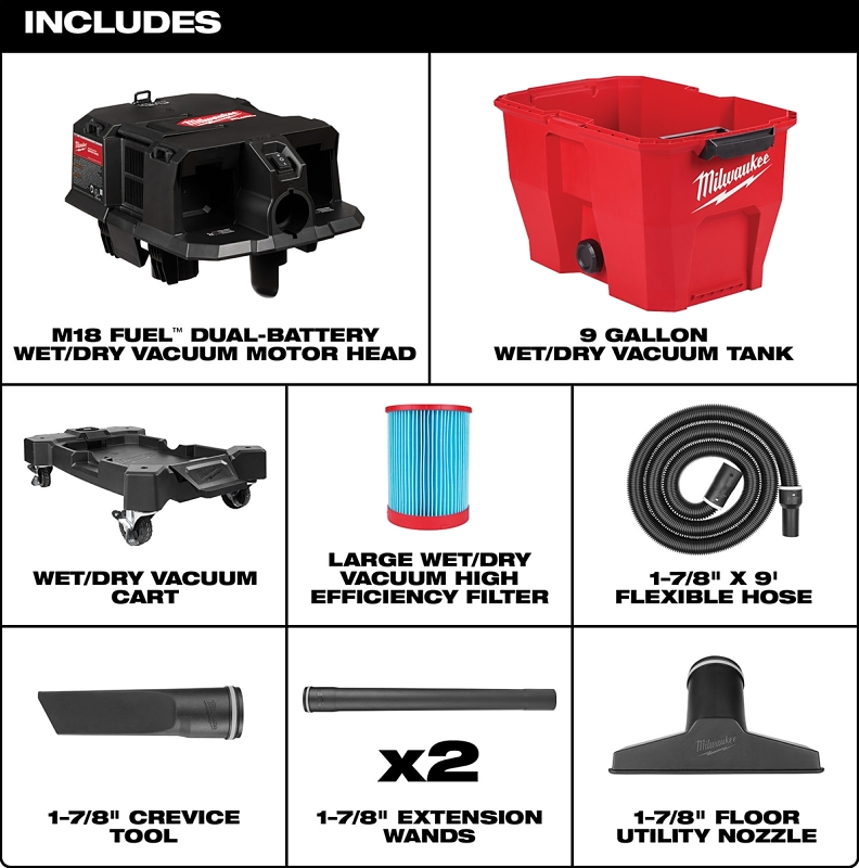 Milwaukee M18 FUEL 0920-20 Wet/Dry Vacuum, 9 gal Vacuum, 109 cfm Air, HEPA Filter