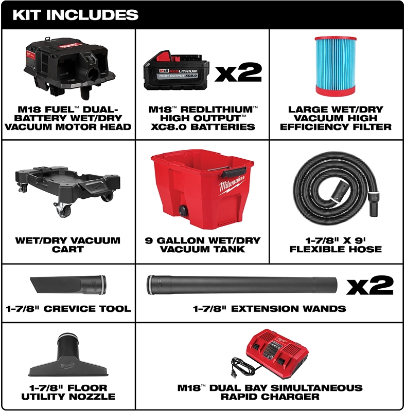 Milwaukee M18 FUEL 0920-22HD Dual-Battery Wet/Dry Vacuum Kit, 9 gal Vacuum, 4.25 hp, 18 V