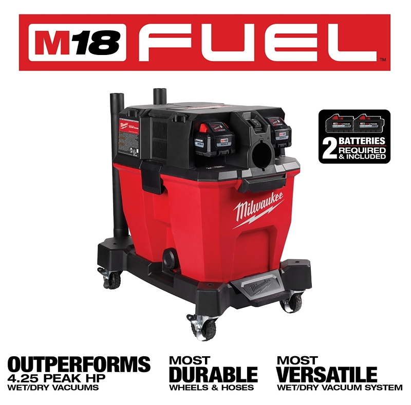 Milwaukee M18 FUEL 0920-22HD Dual-Battery Wet/Dry Vacuum Kit, 9 gal Vacuum, 4.25 hp, 18 V
