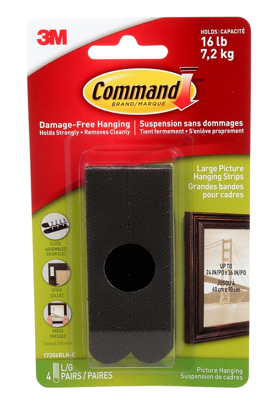 Command 17206BLK-C Picture Hanging Strip, 16 lb, Foam, Black