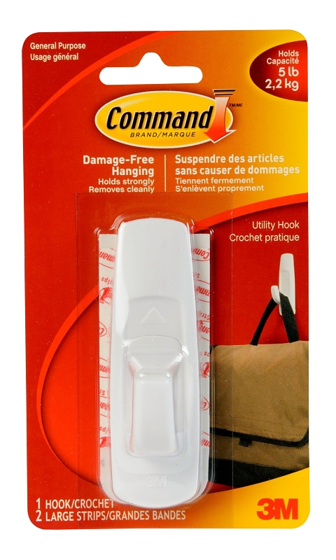 Command 17003C-CS Utility Hook, 1.25 in L x 1.37 in W x 3.75 in H Dimensions, 5 lb, 1-Hook, Plastic, White