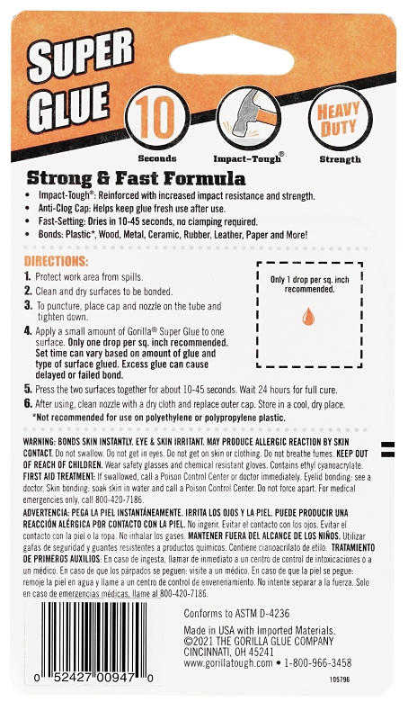 Gorilla 105800 Super Glue, Liquid, Translucide, 3 g Tube