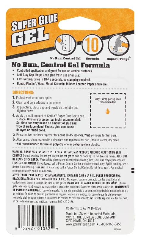 Gorilla 105809 Super Glue, Gel, Translucide, 3 g Tube