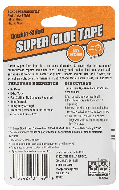 Gorilla 109340 Super Glue Tape, 20 ft L, 5/8 in W, Crystal Clear