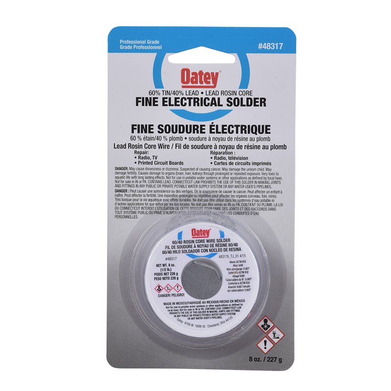 Oatey 48317 Rosin Core Wire Solder, 226 g Carded, Solid, Silver Gray, 182.22 to 237.78 deg C Melting Point