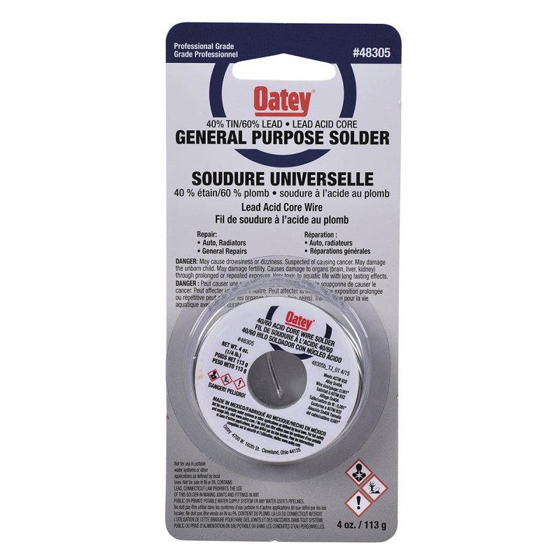 Oatey 48305 Wire Solder, 113 g Carded, Solid, Silver Gray, 182.22 to 237.78 deg C Melting Point