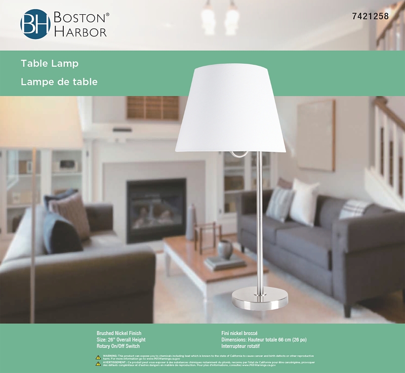 Boston Harbor GS-T122421-T1-WH Table Lamp, 120 V, 60 W, 1-Lamp, A19 or CFL Lamp, Brushed Nickel Fixture