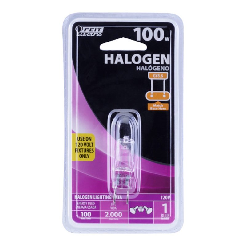 Feit Electric BPQ100/8.6 Halogen Bulb, 100 W, Candelabra GY8.6 Lamp Base, JCD T4 Lamp, 3000 K Color Temp