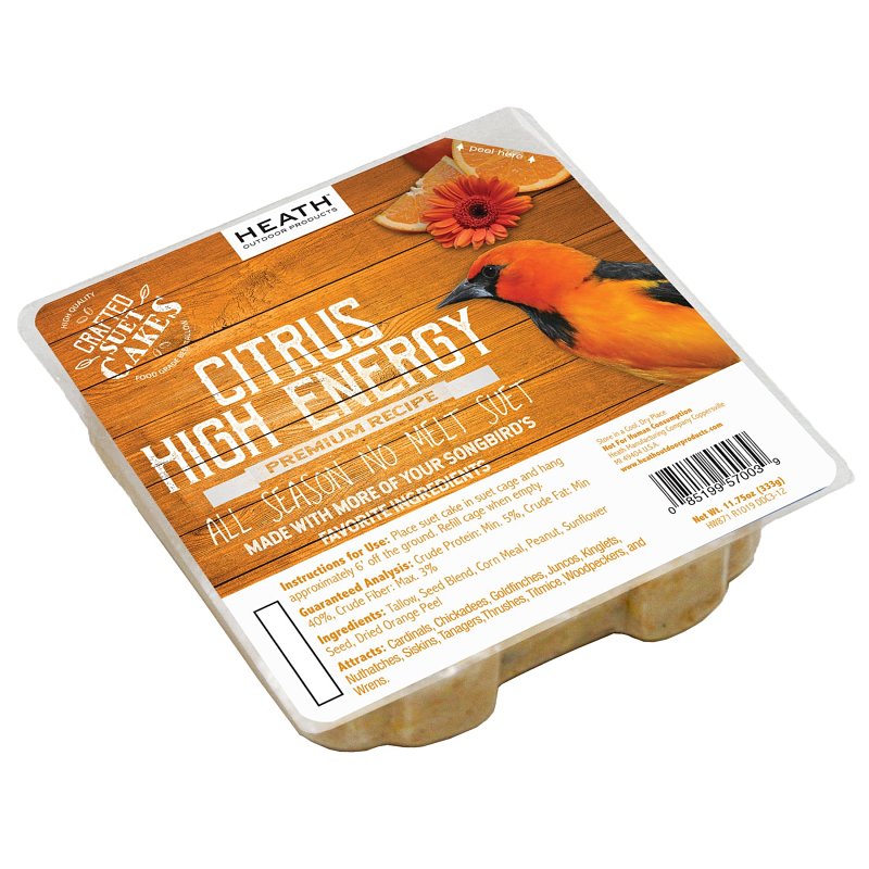 Heath DDC3-12 Wild Bird Seed, Crafted Suet, Cake, 11.75 oz Pack, Ingredients: Orange Peel, Peanuts, Seeds