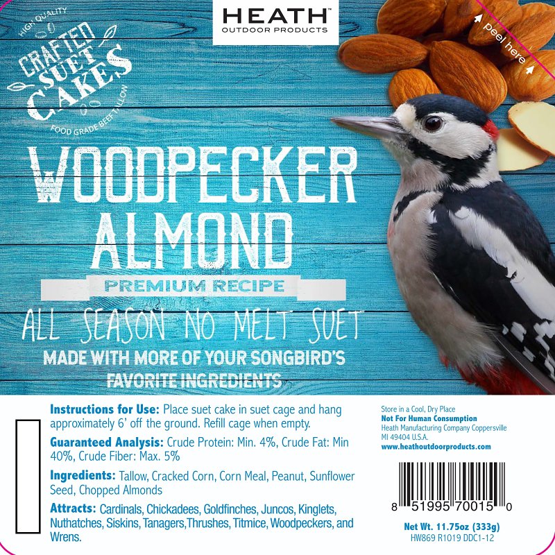 Heath DDC1-12 Wild Bird Seed, Crafted Suet, Cake, 11.75 oz Pack, Ingredients: Corn, Sunflower Seeds, Chopped Almonds