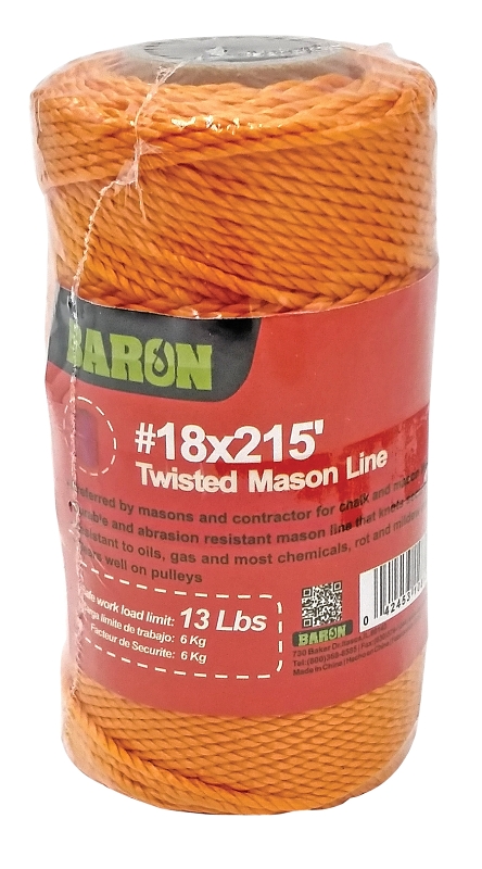 BARON 10812 TWISTED MASON LINE, #18 DIA, 250 FT L, 13 LB WORKING LOAD,  NYLON, ORANGE #VORG7458888, 10812