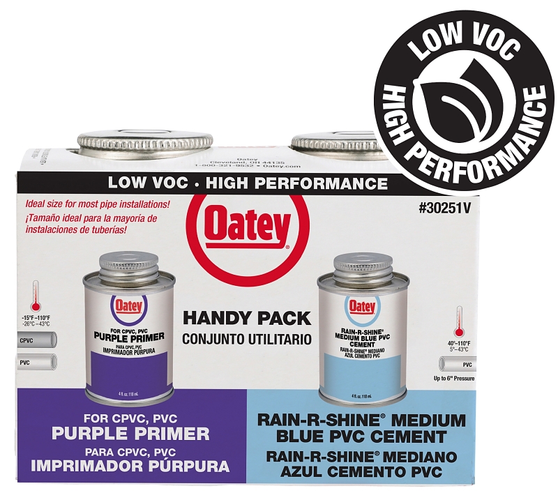 Oatey Rain-R-Shine 30251V PVC Cement and Primer Kit, 4 oz, Liquid, Blue/Purple