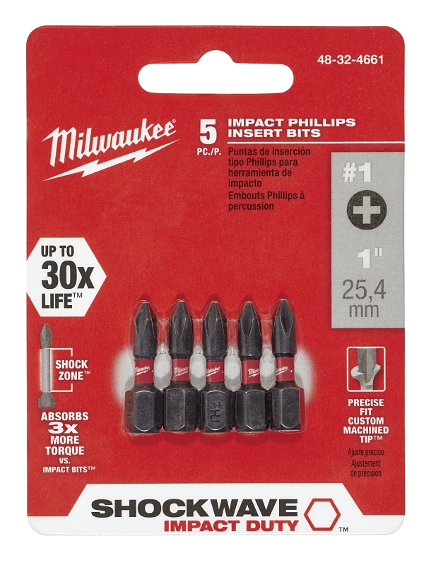 Milwaukee 48-32-4661 Insert Bit, #1 Drive, Phillips Drive, 1/4 in Shank, Hex Shank, 1 in L, Steel, 5/PK