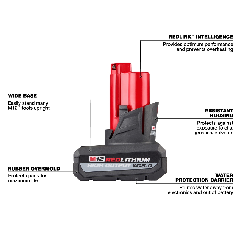 Milwaukee M12 REDLITHIUM HIGH OUTPUT 48-11-2450 Battery Pack, 12 V Battery, 5 Ah