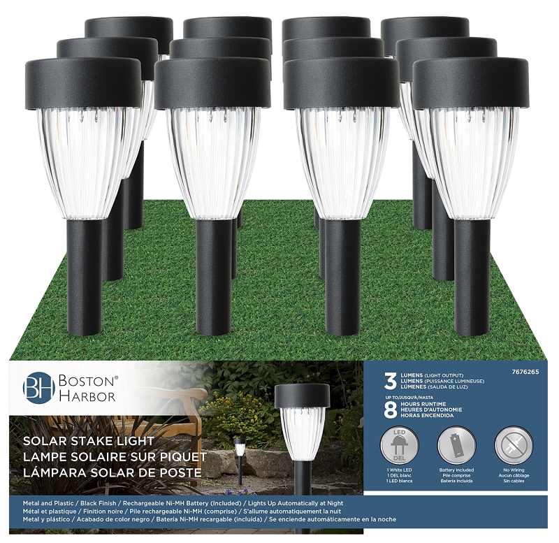 Boston Harbor 27088 Solar Stake Light, Ni-MH Battery, AA Battery, 1-Lamp, LED Lamp, Metal/Plastic Fixture, Black
