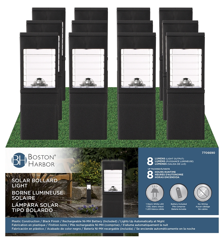 Boston Harbor 27091 Solar Bollard Pathway Light, Ni-MH Battery, AA Battery, 1-Lamp, LED Lamp, Plastic Fixture, Black