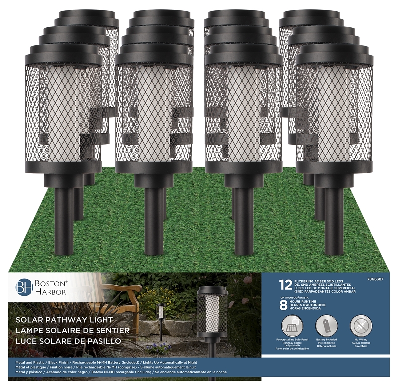 Boston Harbor 27098 Solar Pathway Light, Ni-MH Battery, AA Battery, 12-Lamp, LED Lamp, Metal/Plastic Fixture, Black