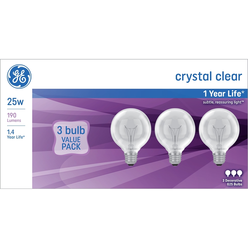 GE 48063 Light Bulb, Clear Lamp, 25 W, G25 Lamp, E26 Medium Lamp Base, 190 Lumens, 2500 K Color Temp, Soft White