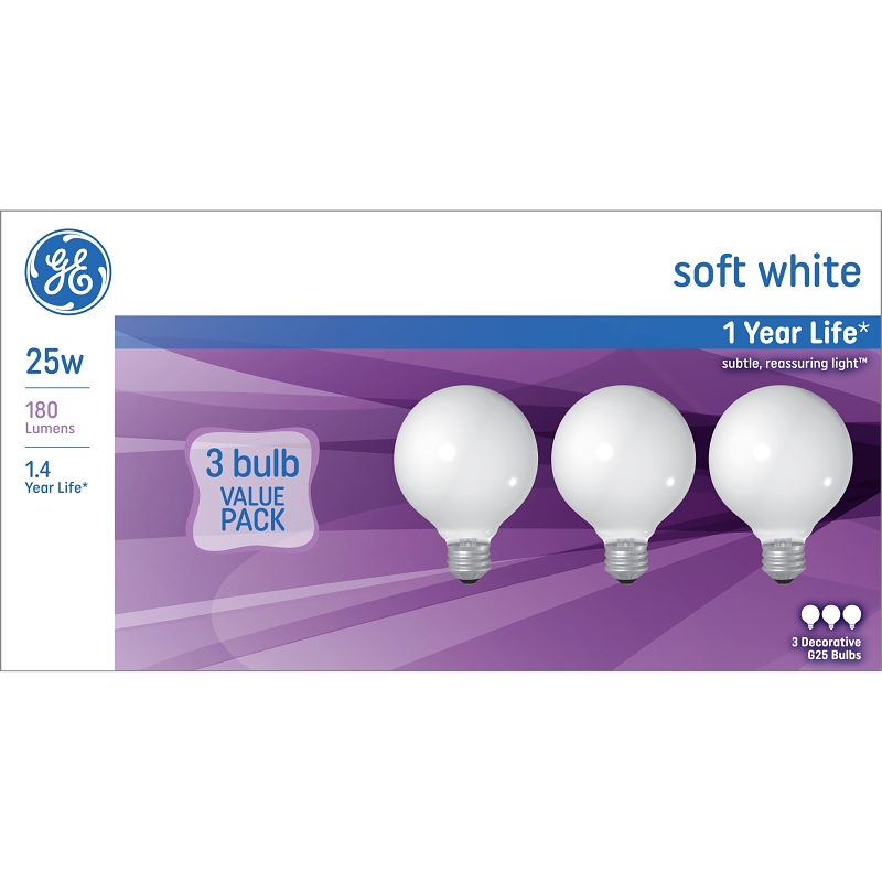 GE 48064 Light Bulb, 9.75 in L x 3.13 in W x 4.75 in H Dimensions, 25 W, G25 Lamp, E26 Medium Lamp Base, 180 Lumens