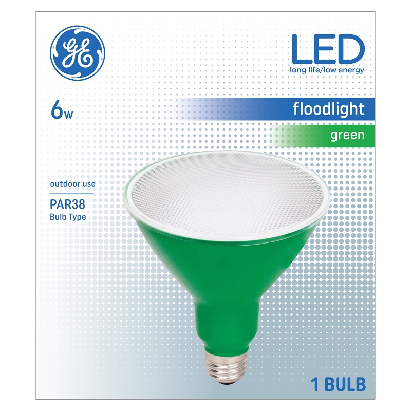 GE 93100881 Floodlight Bulb, Decorative, PAR38 Lamp, Medium (E26) Lamp Base, Non-Dimmable, Green