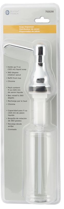 Boston Harbor TOBI22040001CP Soap Dispenser, 11 oz, PE, Chrome, Chrome, Press, Top mounted