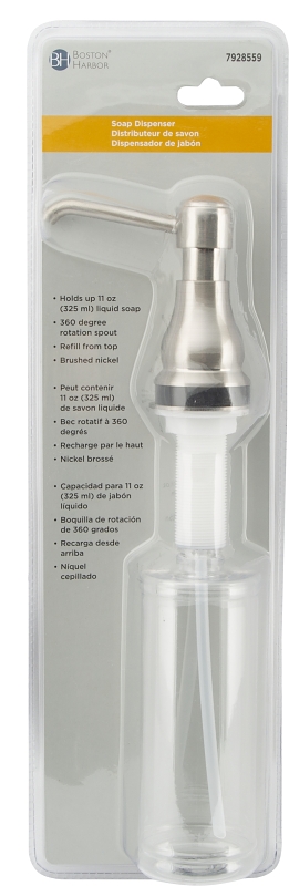 Boston Harbor TOBI22040002NP Soap Dispenser, 11 oz, PE, Brushed Nickel, Brushed Nickel, Press, Top mounted