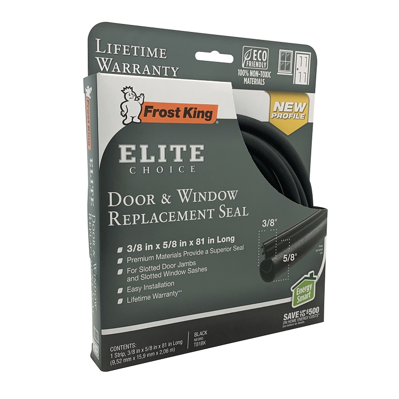 Frost King T81BK Bulb Shape Door Weatherseal, 3/8 in W, 5/8 in Thick, 81 in L, Rubber, Black