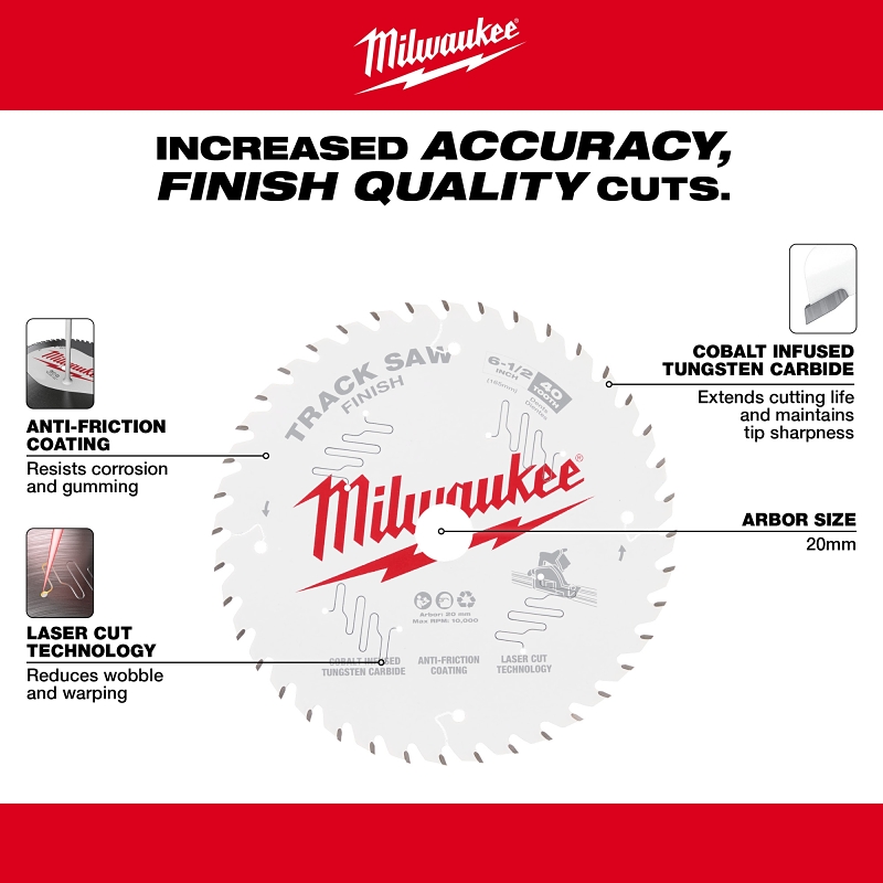 Milwaukee 48-40-0625 Track Saw Blade, 6-1/2 in Dia, 20 mm Arbor, 40-Teeth, Tungsten Carbide Cutting Edge