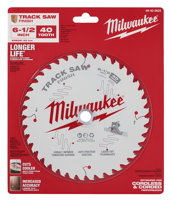 Milwaukee 48-40-0625 Track Saw Blade, 6-1/2 in Dia, 20 mm Arbor, 40-Teeth, Tungsten Carbide Cutting Edge