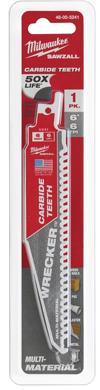 Milwaukee WRECKER 48-00-5241 Reciprocating Saw Blade, 6 in L, 6 TPI, Carbide Cutting Edge