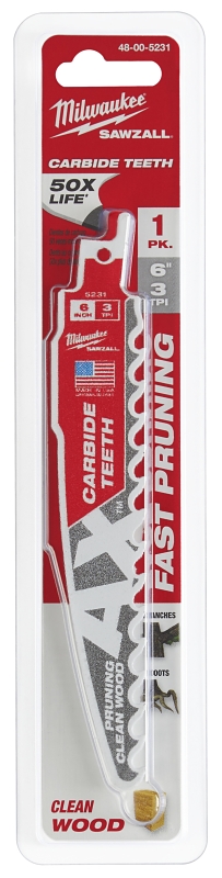 Milwaukee AX 48-00-5231 Reciprocating Saw Blade, 6 in L, 3 TPI, Carbide Cutting Edge