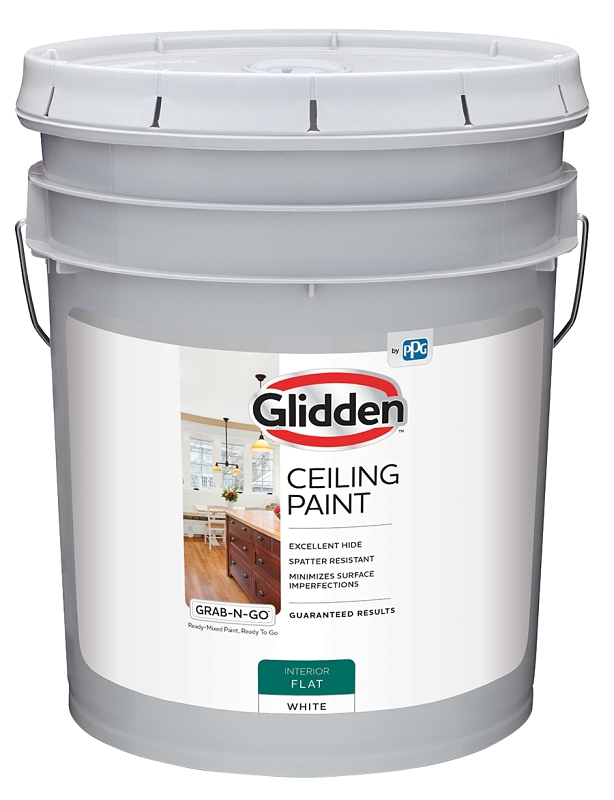 Glidden Grab-N-Go 2070T/05 Ceiling Paint, Flat, White, 5 gal, Resists: Alkali, Chemical, Spatter, Latex Base