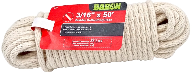 BARON 42605 Sash Cord, 3/16 in Dia, 50 ft L, 56 lb Working Load,  Cotton/Poly, White #VORG9880311, 42605