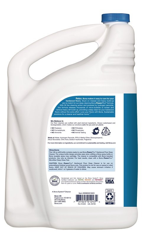 Bona PowerPlus WM850018001 Hardwood Floor Deep Cleaner Refill, 128 oz Bottle, Liquid, Mild, Clear