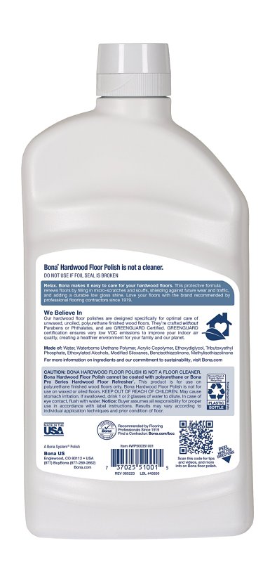 Bona WP500351001 Floor Polish, 32 oz, White, Liquid, Water/Aqua, Acrylic Copolymer, Tributoxyethyl Phosphate