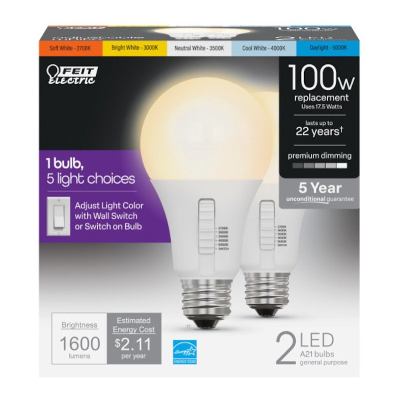 Feit Electric OM100DM/6WYCA/2 LED Light Bulb, A21 Lamp, 100 W Equivalent, E26 Lamp Base, White