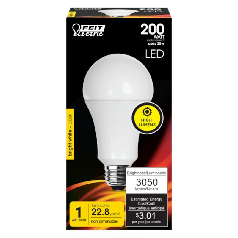 Feit Electric OM200/830/LED LED Bulb, General Purpose, A21 Lamp, 200 W Equivalent, E26 Lamp Base, Bright White Light