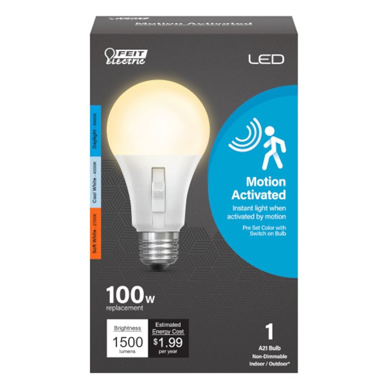 Feit Electric OM100/3CCTCA/MM/LEDI Motion Sensor LED Bulb, Color Selectable, A21 Lamp, E26 Lamp Base, White