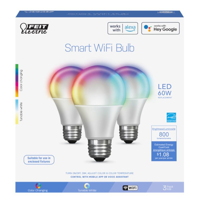 Feit Electric OM60/RGBW/CA/AG Smart Bulb, 9 W, Wi-Fi Connectivity: Yes, Remote, Voice Control, Medium E26 Lamp Base