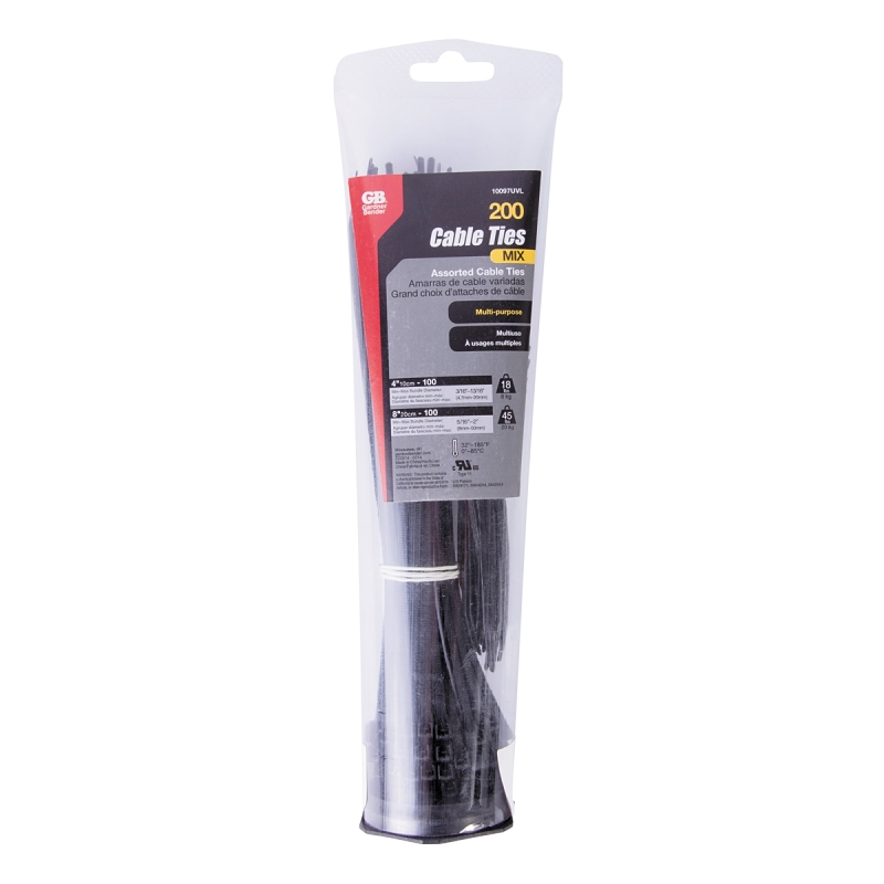 Gardner Bender 10097UVL Cable Tie Assortment, 2 in Max Bundle Dia, Nylon, Black