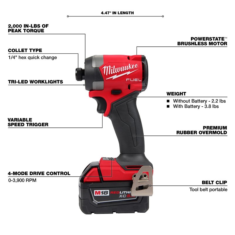 Milwaukee M18 FUEL 2953-22 Impact Driver Kit, Battery Included, 18 V, 5 Ah, 1/4 in Drive, Hex Drive, 4400 IPM